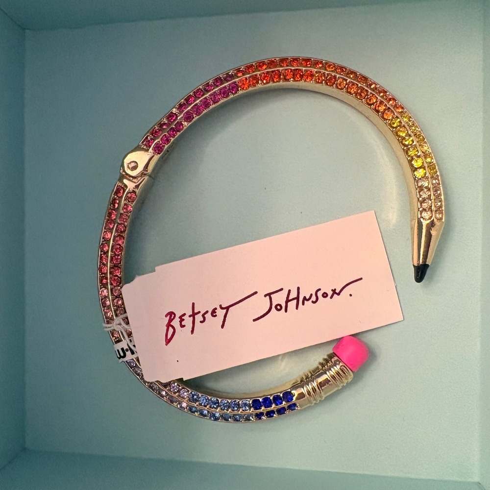 Betsey Johnson Rainbow Rhinestone Pencil Bangle Bracelet Back Teacher Gift New
